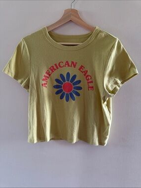 American Eagle Outfitters Graphic Daisy Crop Tee with Red & Blue Print